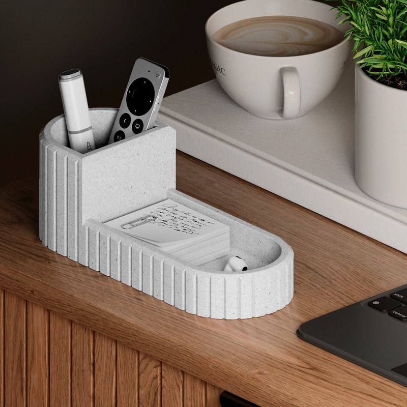 Organizador de Mesa Ripado Cor Mármore Porta Caneta para Escritório Recepção e Sala de Estar Moderna