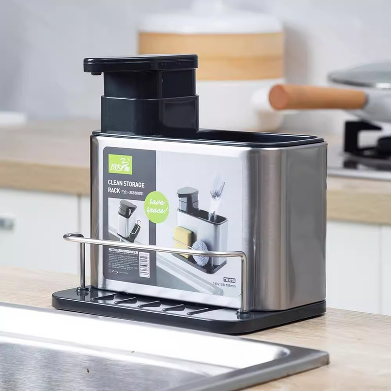 Organizador Aço Inox De Pia Suporte Para Esponja Com Porta Detergente Dispenser Sabão Cozinha