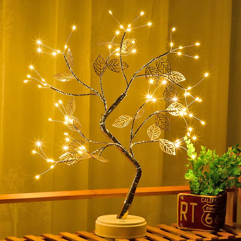 Luminaria Arvore LED Folhas Dourada para Casa Decoração do Quarto Iluminação de Mesa de Cabeceira