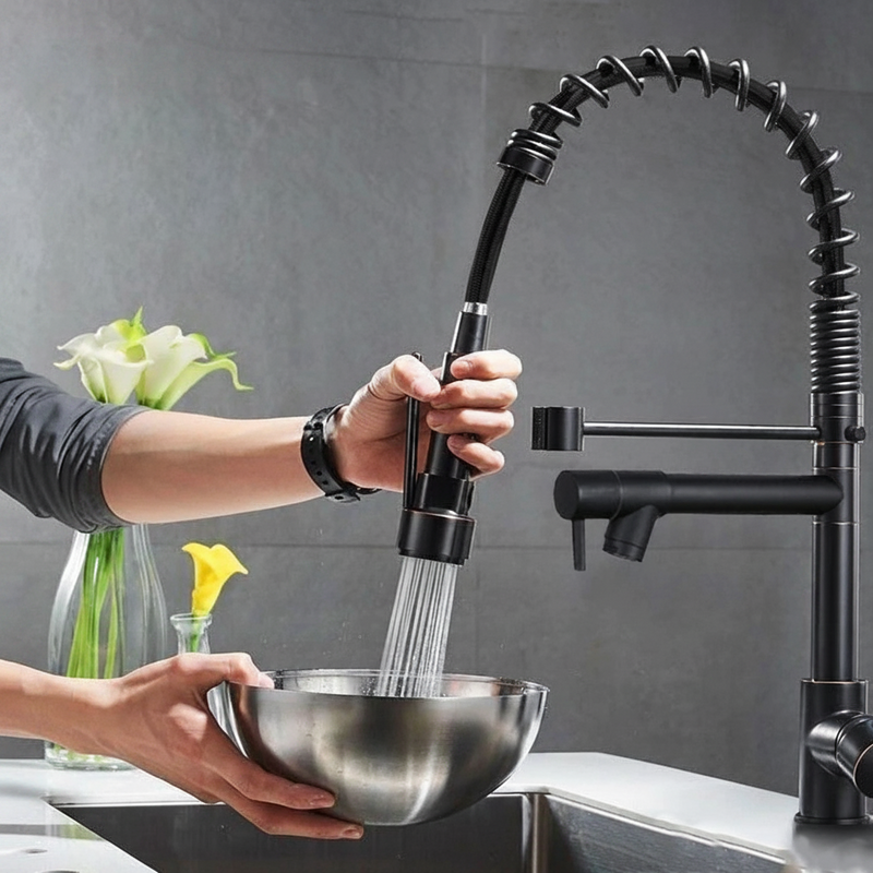 Torneira De Cozinha Gourmet Alça Única Com Extensor De Spray Tubo De Água Flexível Superior Prateado Para Ajuste